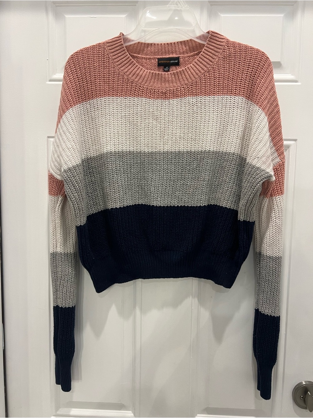 Ambiance Apparel Gray Blue Cream Striped Cropped Sweater Womens Size M # 984